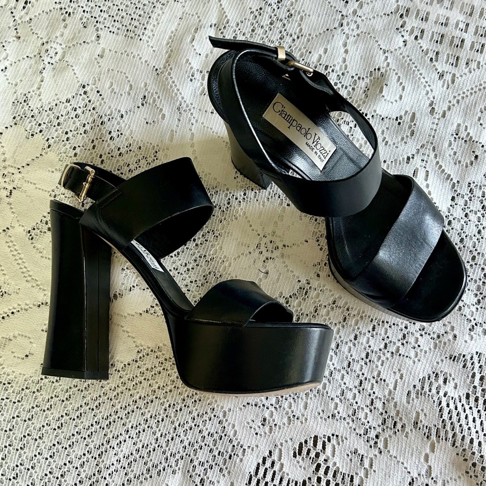 Giampaolo Viozzi Black Leather Platform Block Heel Sandals Vero Cuoio Sz 37 US 7